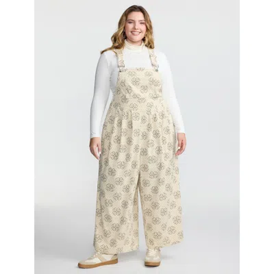 Bloomchic Women's Plus Size Floral Print Corduroy Pockets Jumpsuit Ivory Casual 22-24/3x In White
