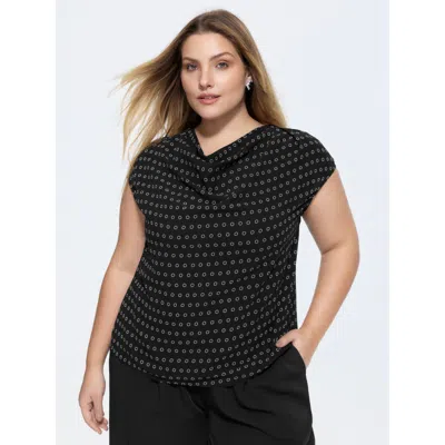 Bloomchic Women's Plus Size Floral Print Cowl Neckline Blouse Black Polka Dots Office Short Sleeve Cowl Neck 2