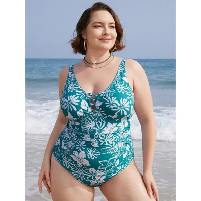 Bloomchic Floral Print Crisscross Sculpt Waist Ruched One Piece Swimsuit In Green