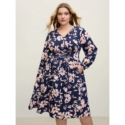Bloomchic Women's Plus Size Floral Print Cross-straps Shirred Midi Dress Indigo Floral Midi Office Overlapping In Purple