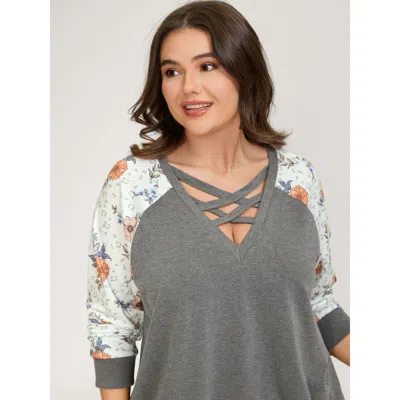 Bloomchic Women's Plus Size Floral Print Cross-tie Neck Sweatshirt Dimgray Not Graphics Casual Deep V-neck 10/