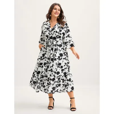 Bloomchic Women's Plus Size Floral Print Cut-out Belted Midi Dress Whitesmoke Floral Midi Elegant Belted 30/6x