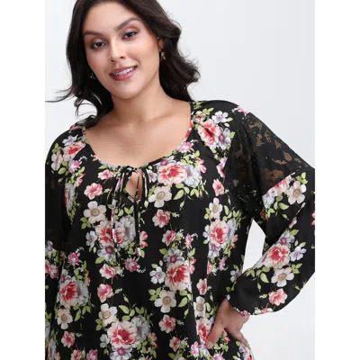 Bloomchic Women's Plus Size Floral Print Cut-out Neck Flowy Blouse Blackflower Floral Elegant Long Sleeve 10/m