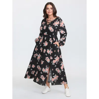 Bloomchic Women's Plus Size Floral Print Cut-out Neck Slit Maxi Dress Blackflower Floral Midi Casual Smocked 1