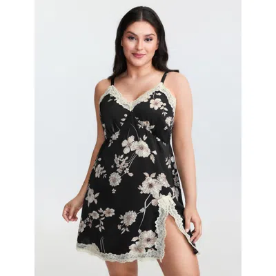 Bloomchic Women's Plus Size Floral Print Deep Lace Neckline Nightgown Black Sleeveless Tunic 10/m