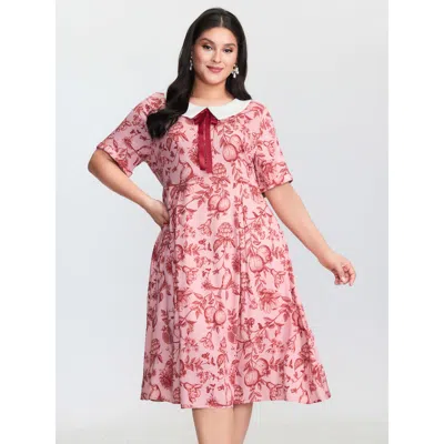 Bloomchic Women's Plus Size Floral Print Doll Ribbon Collar Midi Dress Scarlet Fruit And Vegetable Print Midi  In Red