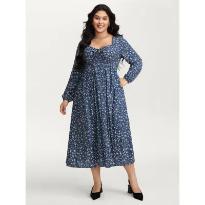 Bloomchic Women's Plus Size Floral Print Drawstring Bust-ease Midi Dress Darkblue Ditsy Floral Midi Elegant Dr In Blue