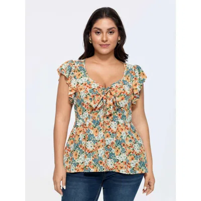 Bloomchic Women's Plus Size Floral Print Drawstring Neckline Blouse Amber Ditsy Floral Elegant Cap Sleeve Swee In Orange