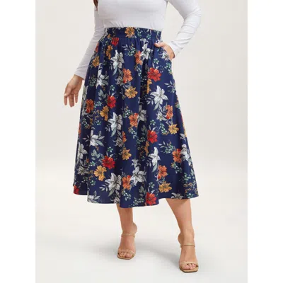 Bloomchic Women's Plus Size Floral Print Drawstring Pleated Midi Skirt Darkblue Flared Elegant 10/m In Blue