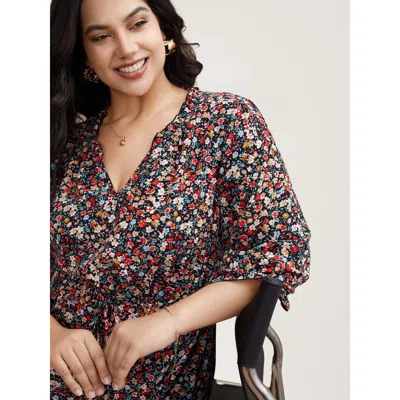 Women's Plus Size Floral Print Drawstring Pockets Flared Mini Dress Black Ditsy Floral Knee Elegant  from BLOOMCHIC