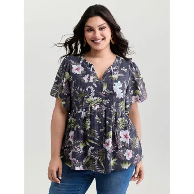 Bloomchic Women's Plus Size Floral Print Drawstring Split Neckline Blouse Indigo Floral Vacation Short Sleeve  In Purple