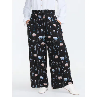 Bloomchic Women's Plus Size Floral Print Drawstring Waist Loose Fit Pants Blackflower Floral Straight Fit Mid 