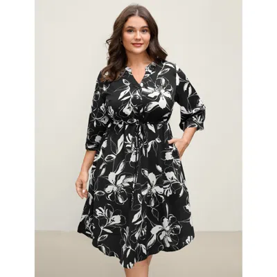 Bloomchic Women's Plus Size Floral Print Drawstring Waist Midi Dress Black Floral Midi Office 10/m