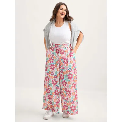 Bloomchic Women's Plus Size Floral Print Drawstring Waist Wide-leg Pants Multicolor Floral Wide Leg Mid Rise C
