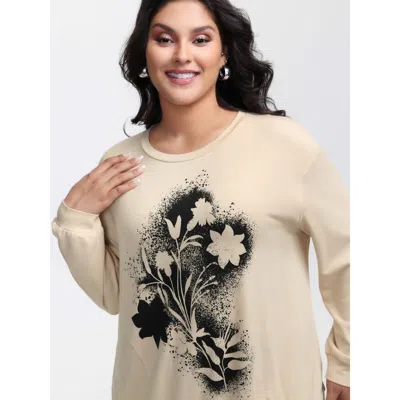 Bloomchic Women's Plus Size Floral Print Drop Shoulder Relaxed-fit Sweatshirt Apricot Casual 10/m In Orange