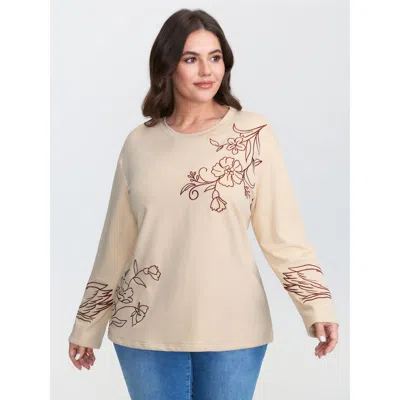 Bloomchic Women's Plus Size Floral Print Drop Shoulder T-shirt Apricot Non Casual Long Sleeve 10/m In Orange