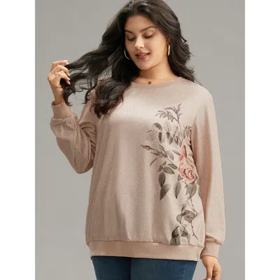 Bloomchic Women's Plus Size Floral Print Elastic Cuffs Sweatshirt Lightbrown Floral Dailywear 10/m In Brown