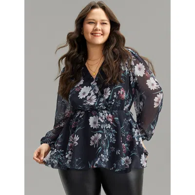 Bloomchic Women's Plus Size Floral Print Elastic Waist Mesh Wrap Gathered Blouse Indigo Dailywear Long Sleeve  In Purple