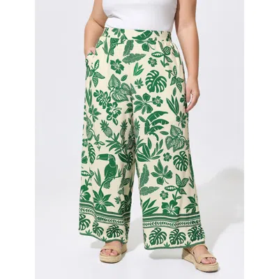 Bloomchic Women's Plus Size Floral Print Elastic Waist Pants Truegreen Botanical Straight Fit Mid Rise Vacatio