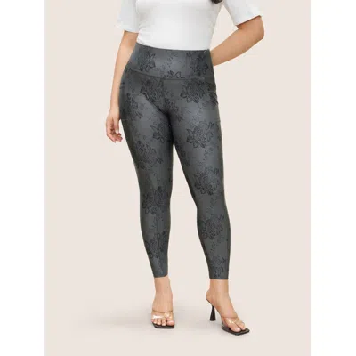 Bloomchic Women's Plus Size Floral Print Elastic Waist Pocket Side Leggings Dimgray High Stretch High Rise Eve
