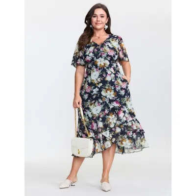 Bloomchic Women's Plus Size Floral Print Fishtail Hem Midi Dress Darkblue Ditsy Floral Midi Elegant See Throug In Blue