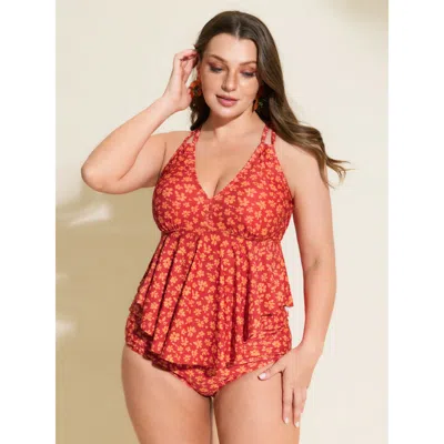 Bloomchic Women's Plus Size Floral Print Fit And Flare Swim Top Orangered Ditsy Floral Non Adjustable Straps 1