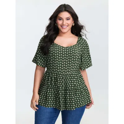 Bloomchic Women's Plus Size Floral Print Flared Layered Blouse Armygreen Floral Casual Short Sleeve 10/m