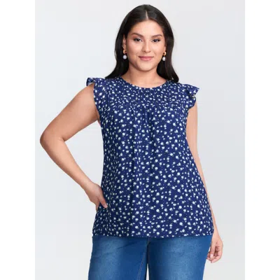 Bloomchic Women's Plus Size Floral Print Flutter Sleeve Blouse Mediumblue Ditsy Floral Elegant Cap Sleeve 22-2