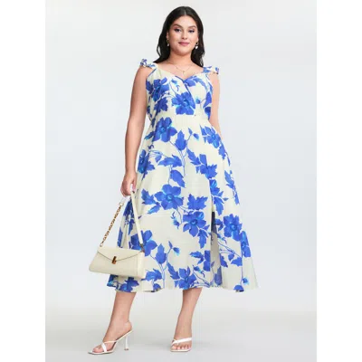 Bloomchic Women's Plus Size Floral Print Flutter Sleeve Cinched-waist Midi Dress Bluepurple Floral Midi Elegan In Purple