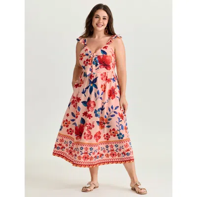 Bloomchic Women's Plus Size Floral Print Flutter Sleeve Contrast Maxi Dress Lightpink Floral Maxi Vacation 10/