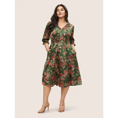 Bloomchic Women's Plus Size Floral Print Flutter Sleeve Shirred Pleated Dress Darkgreen Floral Midi Everyday N In Green