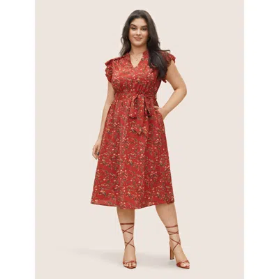 Bloomchic Women's Plus Size Floral Print Frill Notched Flutter Sleeve Dress Raspberry Floral Midi Elegant Ruff In Pink