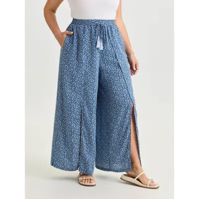 Bloomchic Women's Plus Size Floral Print Front Slit Wide-leg Pants Mediumblue Ditsy Floral Tulip Mid Rise Casu