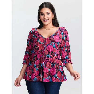 Bloomchic Women's Plus Size Floral Print Front-tie Cinched Flared Blouse Multicolor Ditsy Floral Elegant Short