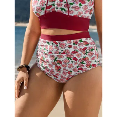Bloomchic Women's Plus Size Floral Print Full-hip Coverage Bikini Bottoms Scarlet Else Booty Patchwork Elastic In Red