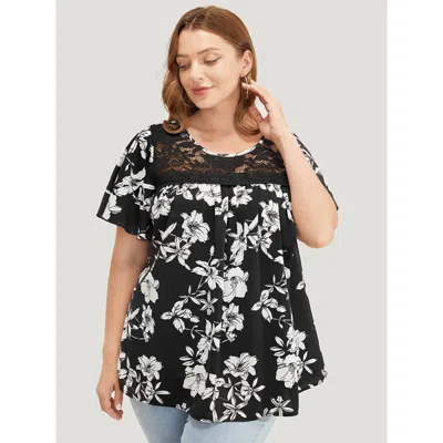 Bloomchic Women's Plus Size Floral Print Gathered Lace Patchwork Blouse Blackflower Dailywear Short Sleeve 10/