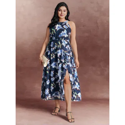 Bloomchic Women's Plus Size Floral Print Halter Neck Slit Maxi Dress Multicolor Floral Maxi Party Tie Knot 30/
