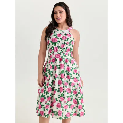 Bloomchic Women's Plus Size Floral Print Halter Neckline Fit And Flare Midi Dress Redviolet Floral Maxi Elegan