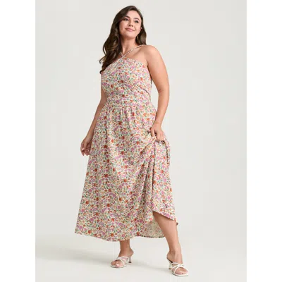 Bloomchic Women's Plus Size Floral Print Halter Neckline Flowy Maxi Dress Ivory Ditsy Floral Maxi Elegant Back In White
