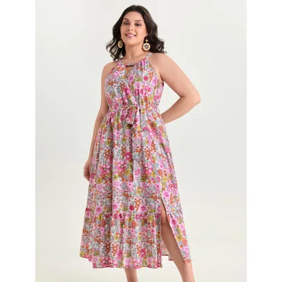 Bloomchic Women's Plus Size Floral Print Halter Neckline Waist-tie Maxi Dress Peach Floral Midi Vacation Lace- In Orange