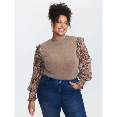 Bloomchic Women's Plus Size Floral Print Heather Mock Neck Knit Top Yellowishbrown Long Sleeve Elegant Mock Ne