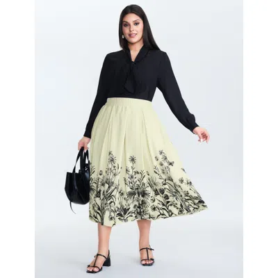 Bloomchic Women's Plus Size Floral Print Hem Pleated Maxi Skirt Originalwhite A-line Office 12/l
