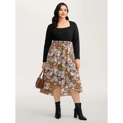 Bloomchic Women's Plus Size Floral Print High-low Hem Midi Dress Black Floral Knee Elegant Colorblock 12/l
