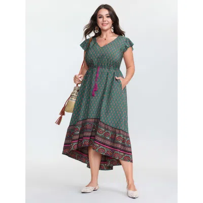 Bloomchic Women's Plus Size Floral Print High-low Hem Midi Dress Teal Bohemian Print Midi Vacation 10/m In Blue