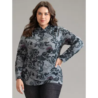 Bloomchic Women's Plus Size Floral Print Hooded T-shirt Dimgray Dailywear Long Sleeve 12/l