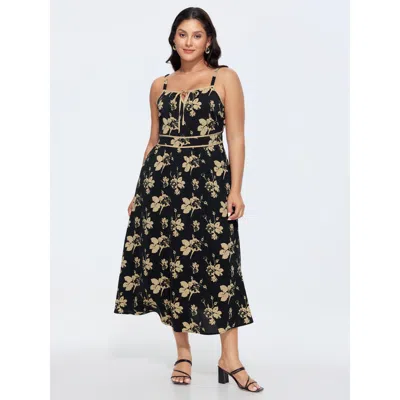 Bloomchic Women's Plus Size Floral Print Keyhole Neckline Maxi Dress Black Ditsy Floral Maxi Elegant Smocked 1