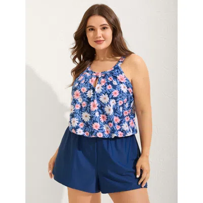 Bloomchic Women's Plus Size Floral Print Keyhole Pockets Swim Romper Cerulean Floral Cut-out Bust Support 10/m In Blue