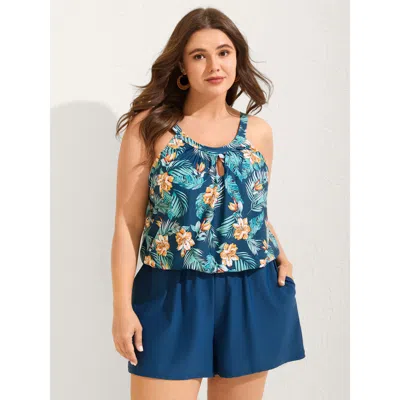 Bloomchic Women's Plus Size Floral Print Keyhole Pockets Swim Romper Darkblue Floral Cut-out Bust Support 28/5 In Blue