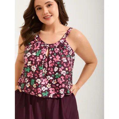 Bloomchic Women's Plus Size Floral Print Keyhole Pockets Swim Romper Plum Floral Cut-out Bust Support 30/6x In Purple