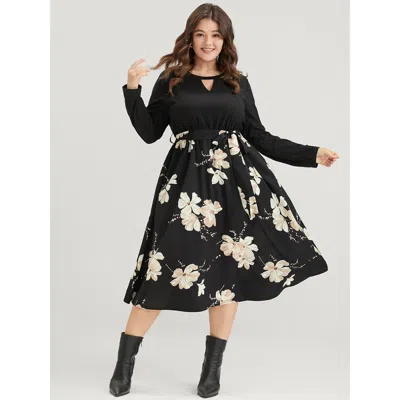 Bloomchic Women's Plus Size Floral Print Keyhole Round Neck Pocket Belted Dress Multicolor Floral Dailywear Be